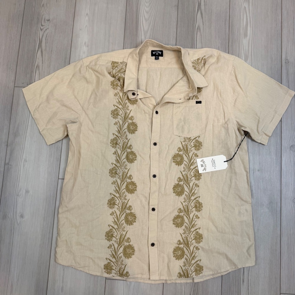 NWT Billabong Cordoba SS Button Up Shirt Mens XXL Beige Linen Blend Floral